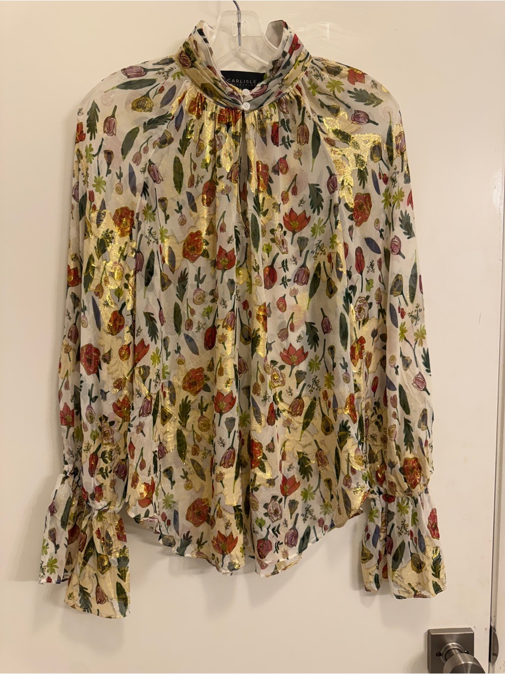 Carlisle Cream Silk Floral Metallic-Accent High-Neck Blouse